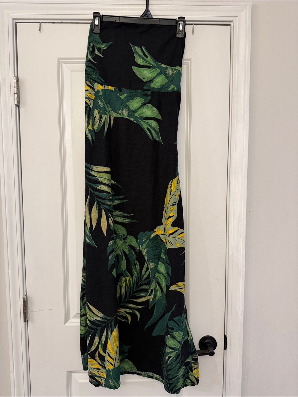 Olivaceous Black Strapless Maxi Dress with Green & Yellow Tropical Leaves